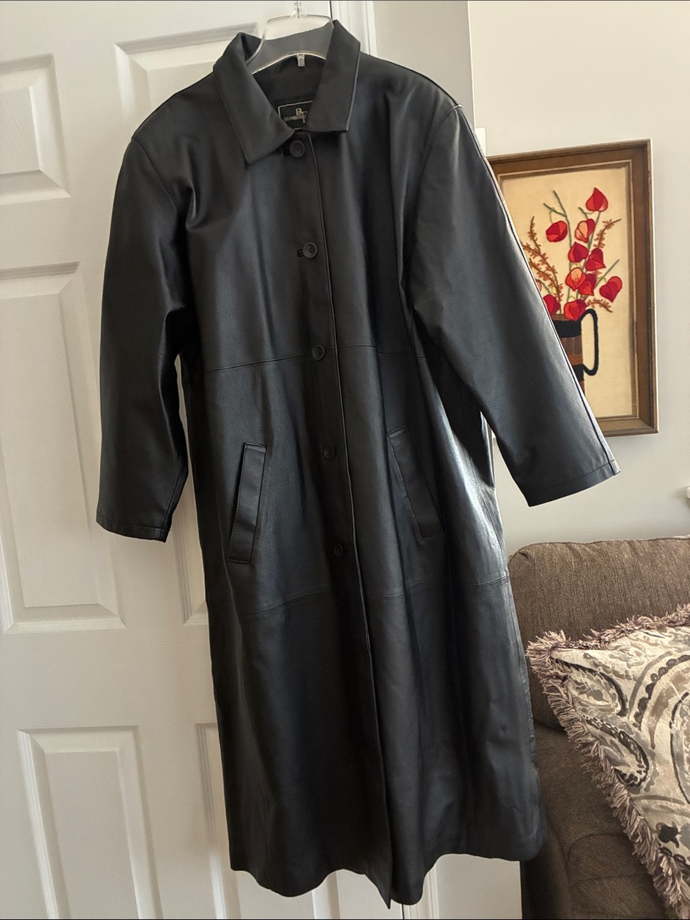 New Never Worn Brandon Thomas Black Leather Trench Coat Size 1X Unisex